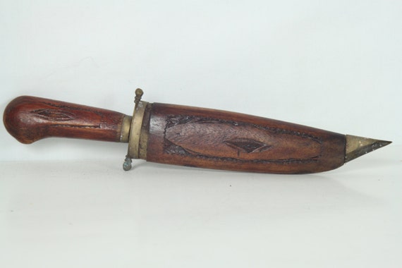 Vintage Wood Handled Knife in Wooden Sheath Wood Sheath and