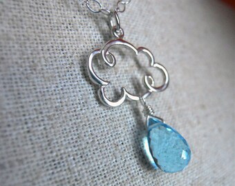 Rain Cloud Necklace, Swiss Blue Quartz Teardrop Necklace, Weather Necklace, Rain Necklace, Cloud Pendant, Gemstone Necklace, SALE