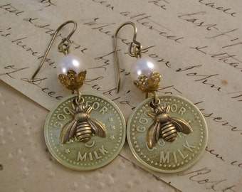 Milk and Honey - Vintage Brass Dairy "Good for One Quart Milk" Tokens Honey Bees Pearls Recycled Repurposed Jewelry Earrings