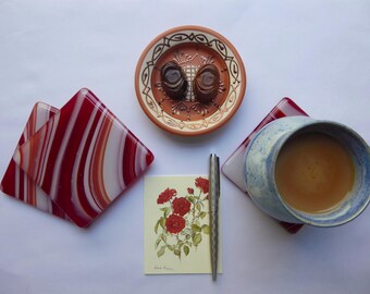 Fused glass coaster red white swirl drink mat wine tea coffee lover birthday christmas housewarming wedding anniversary gift for him/her