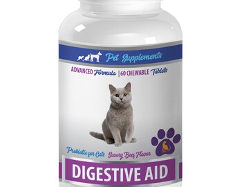 cat digestive care food - Digestive Aid - For Cats - Advanced Probiotic - Chewable - cat beef treats - 1 Bottle (60 Chews)