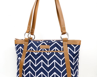 Women's Laptop Bag in Navy Arrow Chevron - Laptop Bag, Laptop Tote, Canvas and Vegan Leather