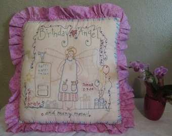 Personalized Birthday Pillow - Hand Embroidered Birthday Angel - Room Accent Pillow- Custom Birthday Gift - Embroidered Angel