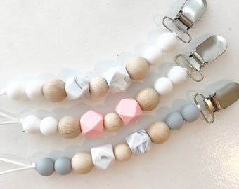 Beaded Pacifier Clip - Silicon Beads - Wooden Beads - Pacifier Clip - Binky Clip - Baby Teether - Baby Soother - Pacifier Holder