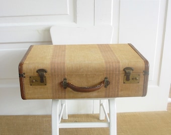 Vintage Tan Suitcase, Striped Suitcase, Brown Case, Vintage Luggage, Industrial Storage, Antique Suitcase, Striped Case, Suitcase