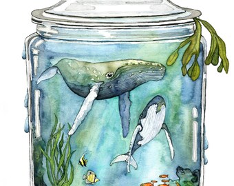 Watercolor Painting, Whale Painting, Whale in Bottle, Ocean Painting, Whale Art, Watercolor Print, Sea, Print titled, "Containing the Sea"