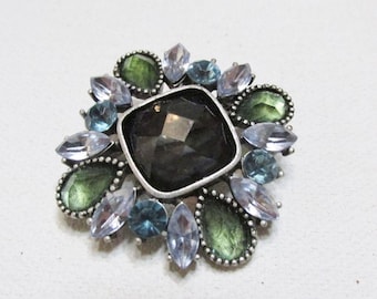 Blue green rhinestone square domed faceted stones brooch pin