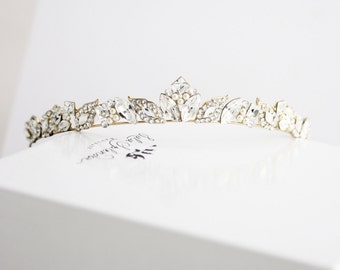 Gold Bridal Tiara Small Wedding Tiara for Bride Swarovski Crystal Bridal Wedding Crown Gold Leaf Crown Handmade Rhinestone Tiara AGGIE TIARA