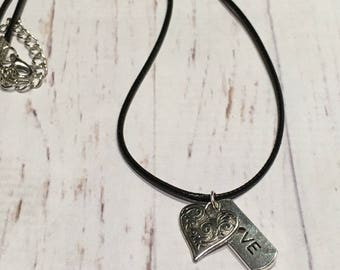 Heart and love charm rope necklace, heart and love charm necklace, heart pendant, charm necklace, black charm necklace, love necklace,