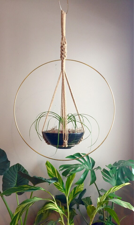 ATEN Hoop Macramé Plant Hanger//Brass Ring Jute OR White