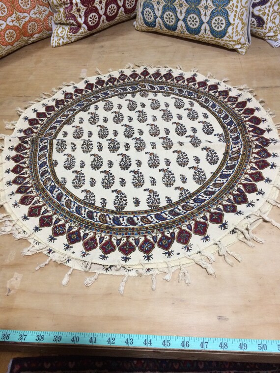 Hand printed 24" round tablecloth, traditional paisley table top with natural dyes and tassels