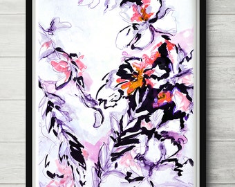Red, flower abstract print, floral wall decor, bright painting, red black art, abstract floral print, modern wall decor