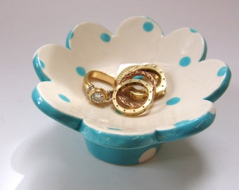 Turquoise & white pottery Ring Dish for kitchen or bath, ceramic candle holder, whimsical dresser jewelry dish