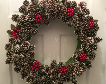 Frosted Pinecone w/ Cherries Winter Wreath, Holiday Christmas Wreath, Acorn Wreath, Christmas Front Door Wreath
