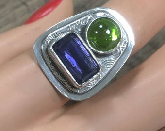 Dimensional Iolite and Peridot Ring Size 7