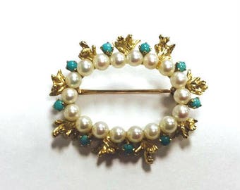 Antique 14k Yellow Gold brooch / pin with Turquoise and pearls