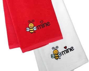 BEE MINE Embroidered Hand Towels | Quality Velour Terry Cotton | Red or White Towel | Cute Gift for Anyone | Valentine's Day | Sweetest Day