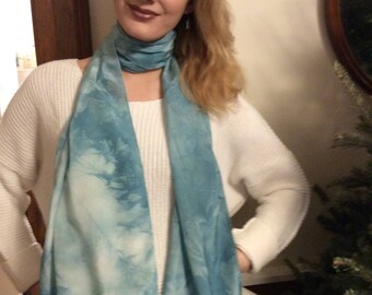 Elegant turquoise 100% crepe silk scarf hand dyed 72"X14"