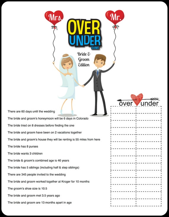 Bridal Shower Game Over or Under Bride Trivia
