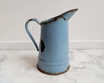 Blue enamelware vintage pitcher - French vintage vase - French enamelware pitcher - French blue enamelware vase - blue pitcher