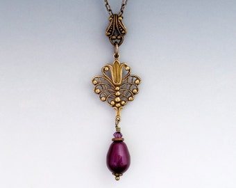 Purple Necklace - Antiqued Brass Nickel Free Necklace - Purple Filigree Necklace - Filigree Jewelry - Purple Art Nouveau Necklace (Brenna)