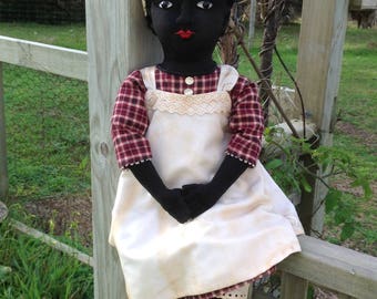The Little Hamptons Ebony, 26 inch art doll, inspired by antique Beecher type cloth dolls. Designed & made by Lynda Hampton