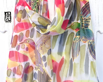 Bird Scarf, Silk Scarf Birds, Hand Painted Silk Scarf, Japan Scarf, Hummingbird scarf, Hummingbirds and Red Heliconia, Takuyo, Made to order