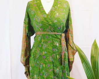 Green Mini Kimono - Vintage Silk Sari