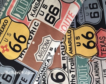 Route 66 Fabric, Alexander Henry Fabric, Historic 66, Sage,Road Signs, Fabric, by the Yard, Cotton- TheFabricEdge