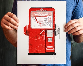 Vintage Coffee Grinder, silver, red and black silkscreen print