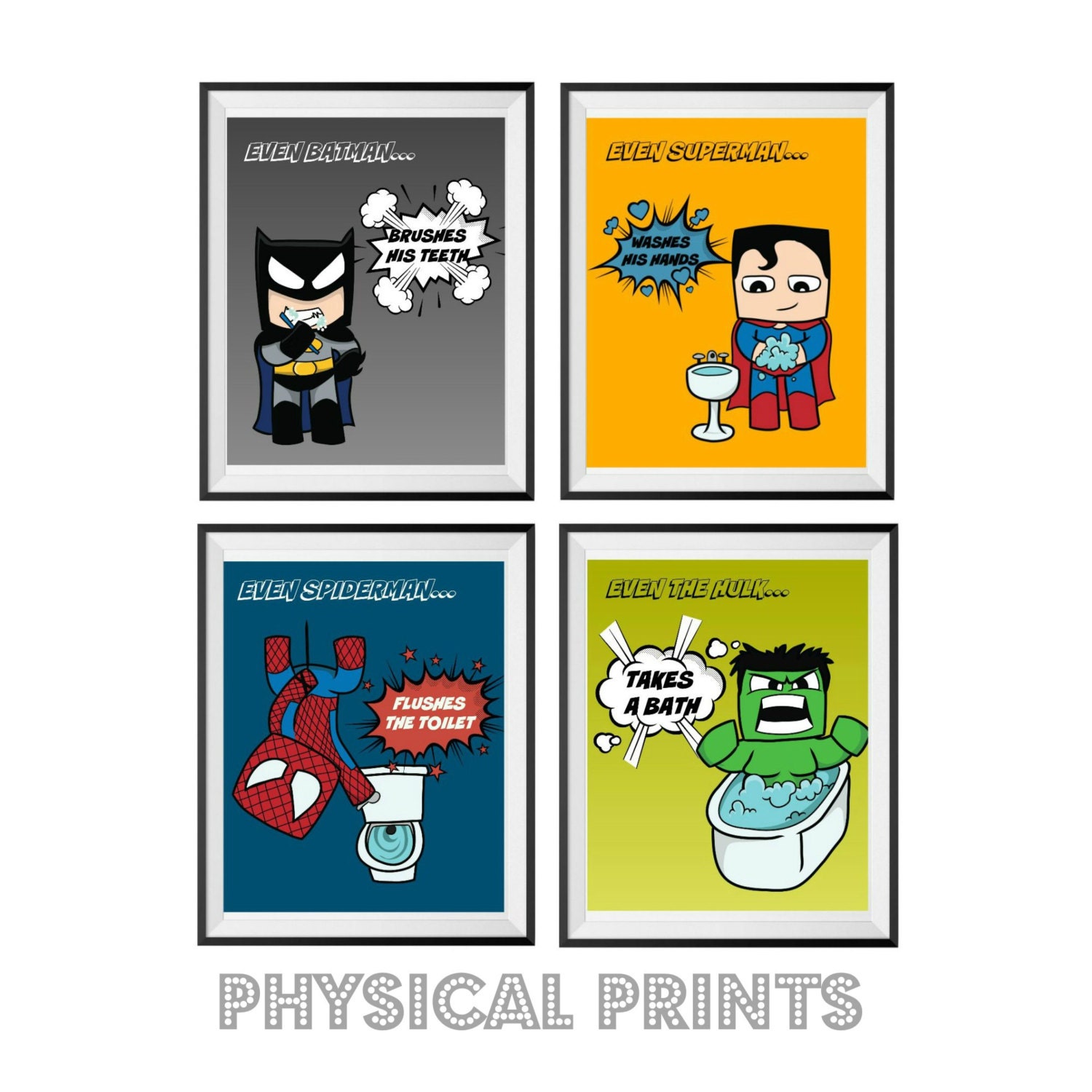 8x10 PRINTS Childrens Superhero Bathroom Prints Set