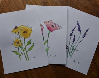 Set of Three Wildflower Ink and Watercolor Blank Folded Cards with Envelopes