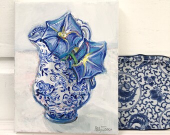 Morning Glory original mixed media still life painting by Polly Jones