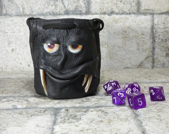 Dice Bag Marble Bag Fairy Pouch With Monster Face RPG LARP Drawstring Bag Rune Bag Magic The Gathering Gamer Gift Black Leather 824