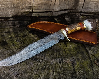 15" Inch Custom Hand Made Forged Damascus Steel Hunting Bowie Knife Fixed Blade Deer Antler Handle With Leather Sheath fathers day gift