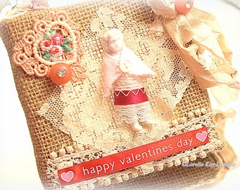 Valentine's Day Picture Frozen Charlotte Fiber Art Mixed Media Shabby Burlap Hanging