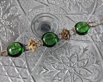 Victorian Revival Green Glass Filigree Bracelet