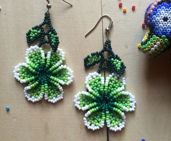 Mexican earrings flower handmade beaded by huichol ethnic