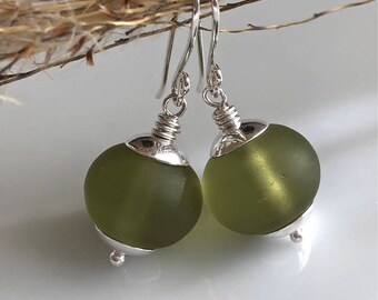 Olive Green Glass Earrings Sterling Silver Earrings Cultured Sea Glass
