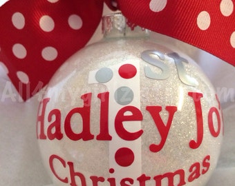 Personalized Baby's First Christmas Ornament Custom Glitter Glass Ball Bow Ribbon 2017