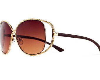 Blissful Gold Midas Oversized Aviator Sunglasses With Brown Shades And Golden Shadow Swarovski Crystals