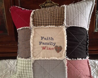 Farmhouse Pillow, Throw Pillow Cover, Primitive Pillow, Country Pillow, Wine Lover Gift, Homespun Pillow, Quilted Pillow, Rag Quilted Pillow