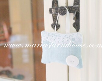 Aromatherapy, French Dried Tiny Hanging Lavender Sachet with Satin Ribbon, Vintage Doilie and Button, Gifts for Her