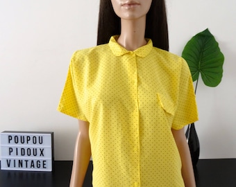 Vintage 80's yellow Peter Pan collar with polka dots blouse size M