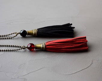 Suede on brass chain tassel necklace