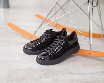 Converse style hand made suede and lacquered leather shoes