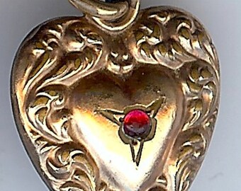 Antique ORNATE gold tone red glass cabachon 'T.M.' engraved initials puffy HEART charm