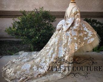 Baptism Dress - Mini Bride Dress - Flower Girl Dress - sequin Dress - High to Low Dress - Big Bow Dress - Wedding Dress - Genesis by Zulett