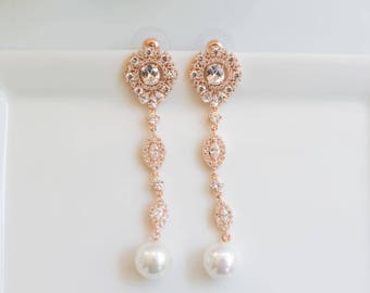 Rose Gold Earrings | Long Earrings | Bridal Earrings | Pearl Earrings | Bridal Jewelry | Pearl Dangle Earrings | Weddings