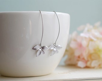 Silver Earrings, Orchid Flower Long Dangle Earrings, Wedding Jewelry, Bridesmaid gift, Bridal Earrings, Gift for her , Gift for for Mom